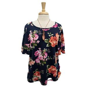 Cupcake Café Maternity XL Flutter Sleeve Blouse Navy Blue Floral Stretchy Top